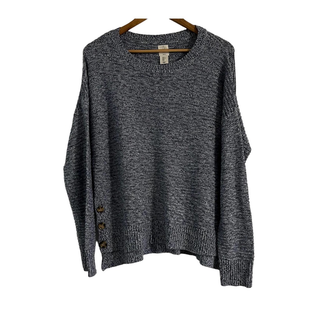 Joie Blue Marled Knit Boxy Side Button Crewneck Women's Sweater, L